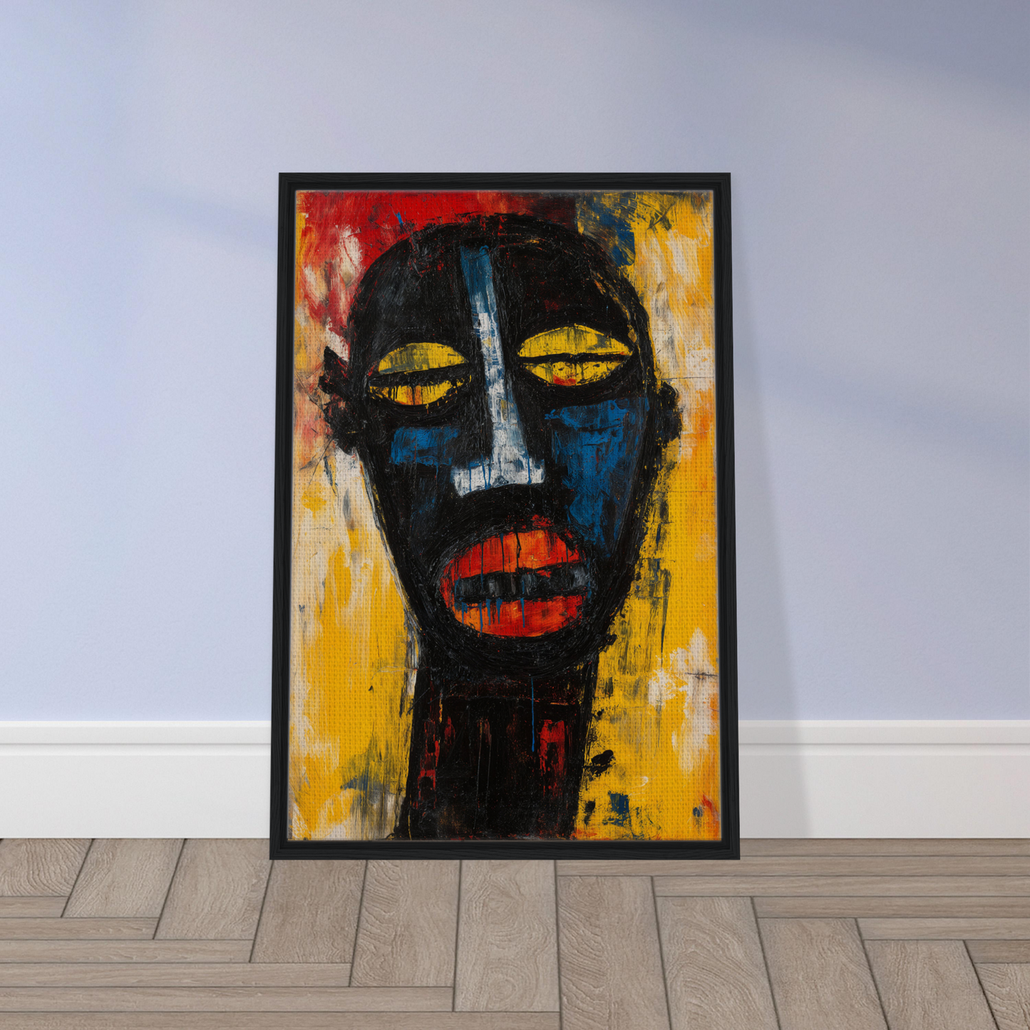 Abstract portrait painting in bold colors within a framed canvas print titled Expressive Reality Gaze