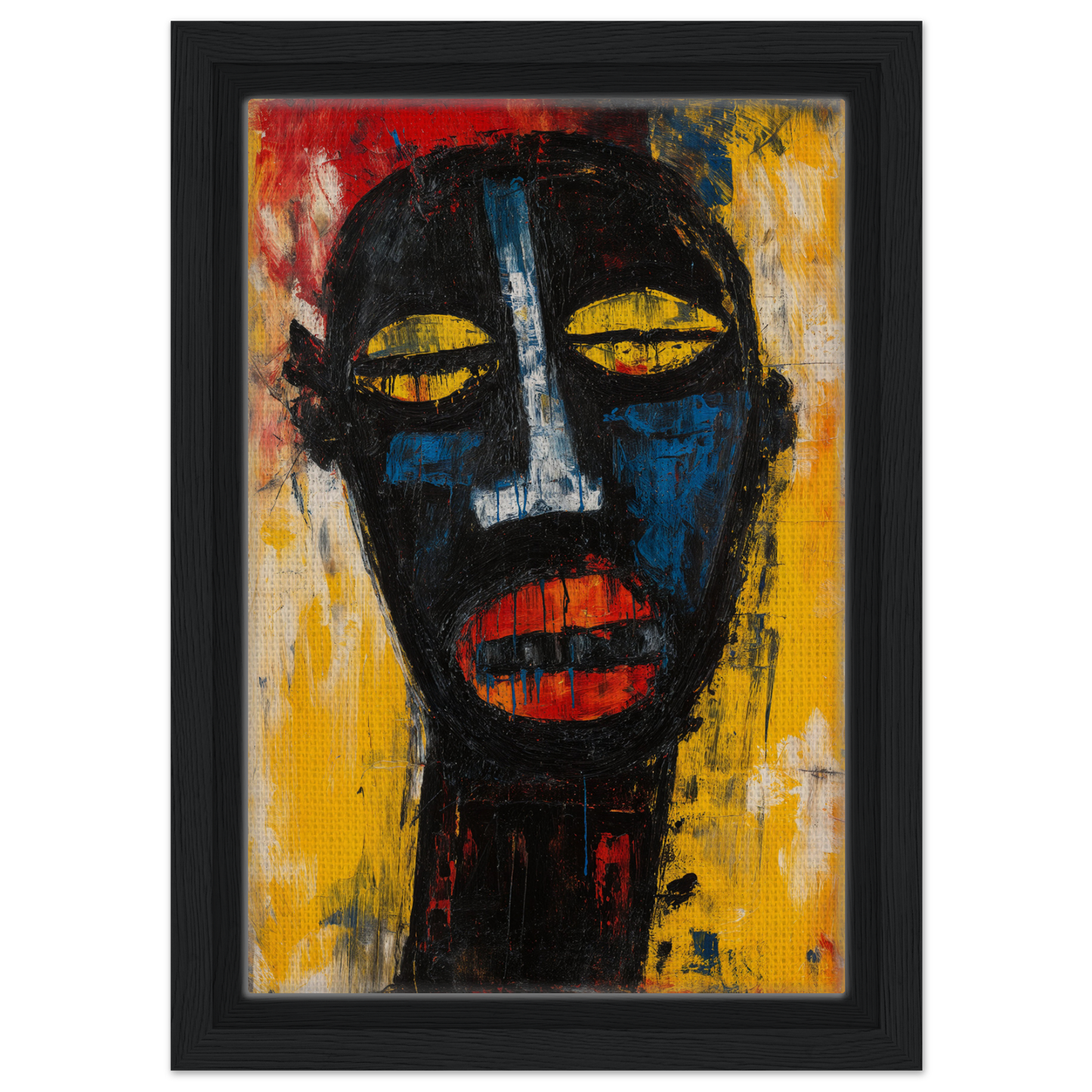 Stylized portrait in bold colors showcasing expressive reality gaze for framed canvas print