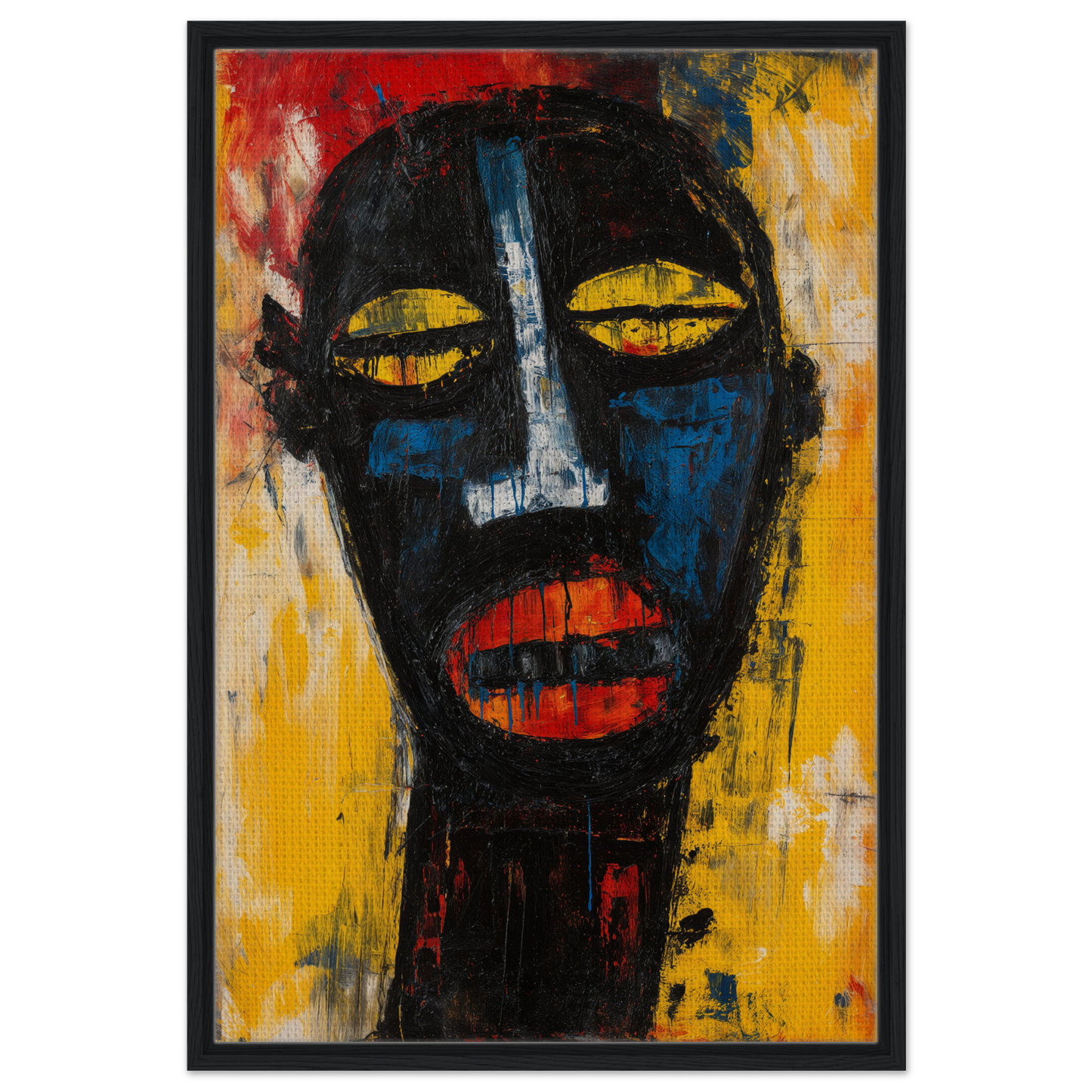 Stylized portrait of a face in bold colors for Expressive Reality Gaze framed canvas print