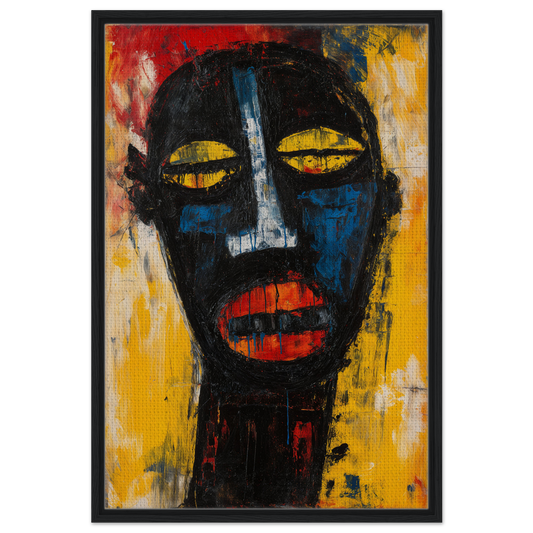 Stylized portrait of a face in bold colors for Expressive Reality Gaze framed canvas print