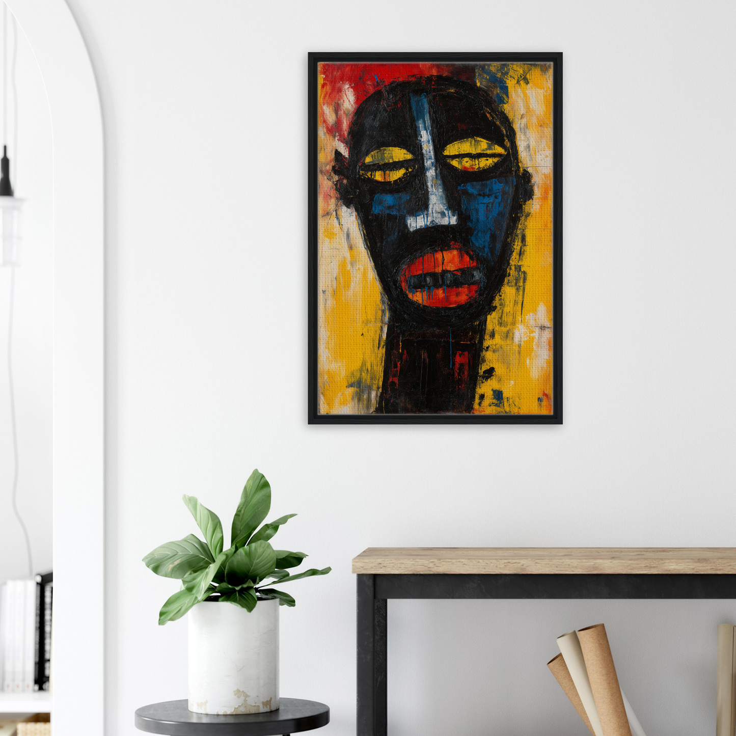 Abstract portrait painting with dark face on vibrant background for expressive reality gaze room decor