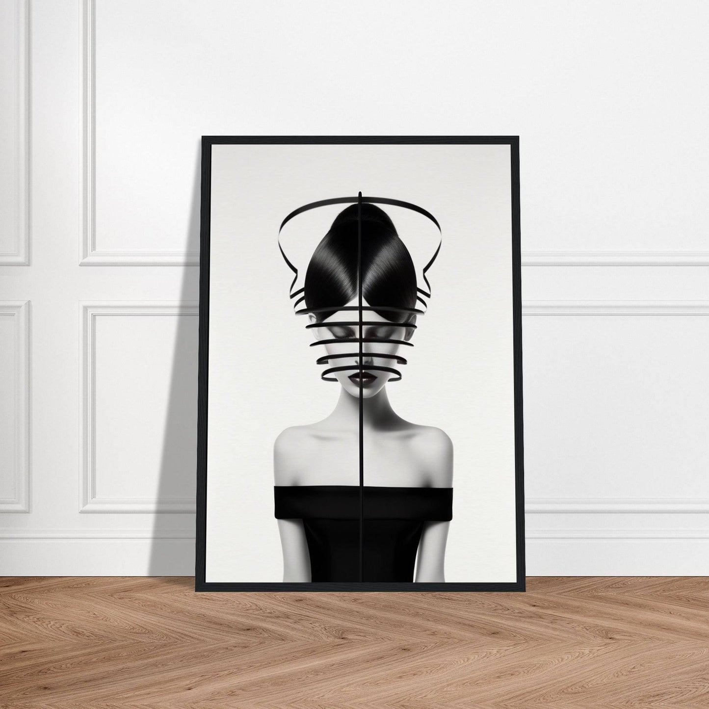 Black and white framed art print featuring a surreal portrait of a figure with an abstract headdress.