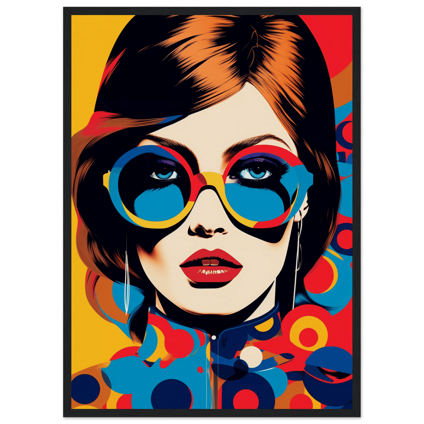 Stylized pop art portrait of a woman wearing colorful round sunglasses and red lipstick.