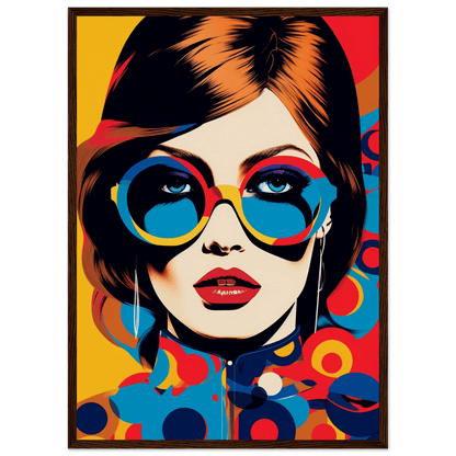 Pop art style portrait of a woman wearing colorful round sunglasses and bright red lipstick.