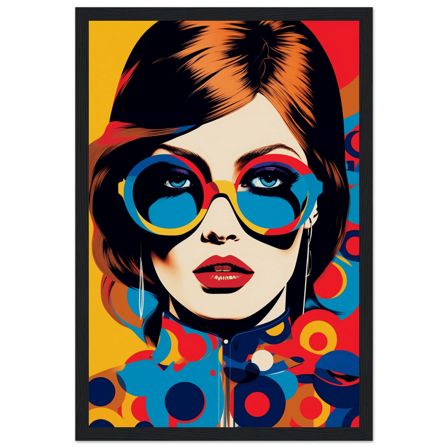 Pop art style portrait of a woman wearing colorful round sunglasses and red lipstick.