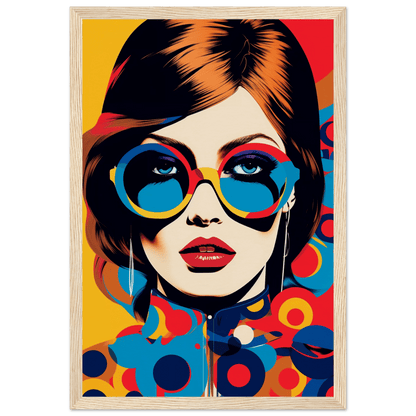 Stylized pop art portrait of a woman wearing oversized colorful sunglasses and red lipstick.