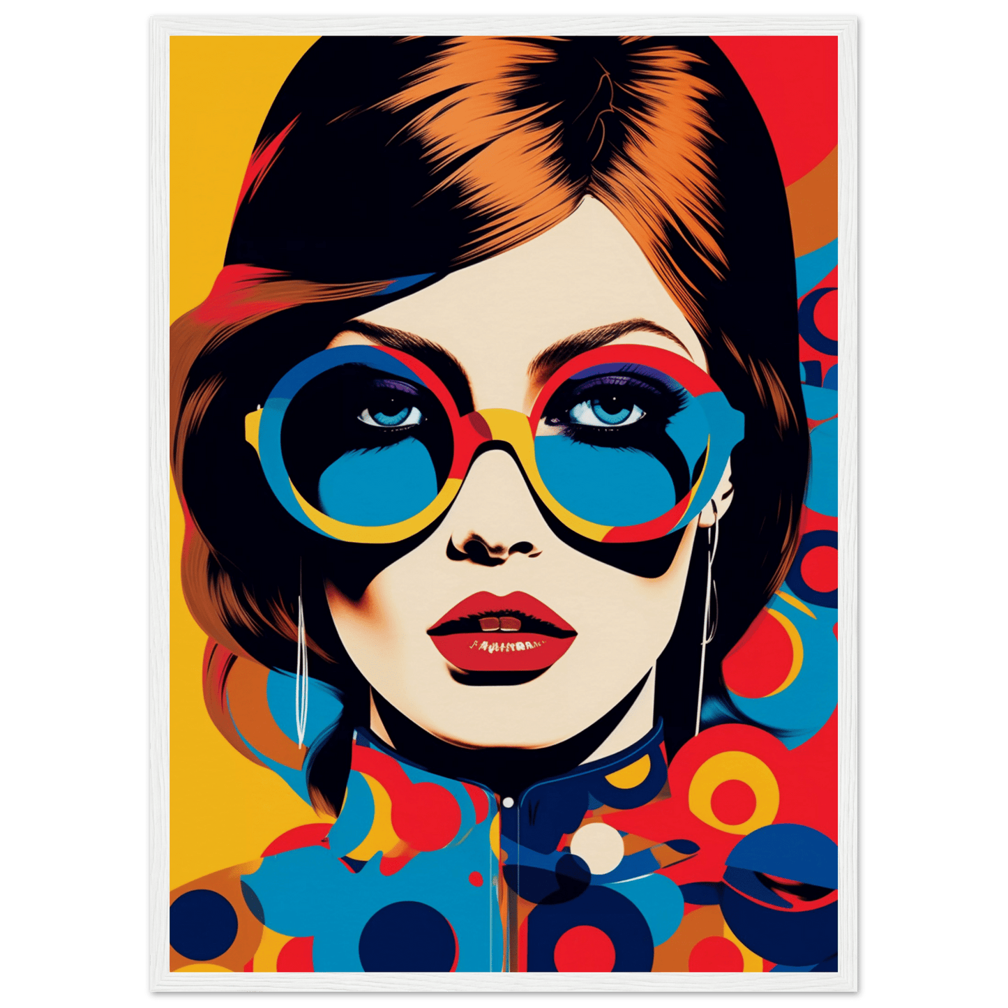 Stylized pop art portrait of a woman wearing colorful round sunglasses and red lipstick.