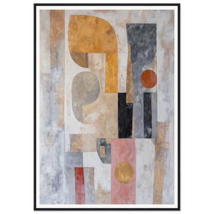 Framed wall art featuring abstract geometric shapes in muted gray, beige, and orange tones.