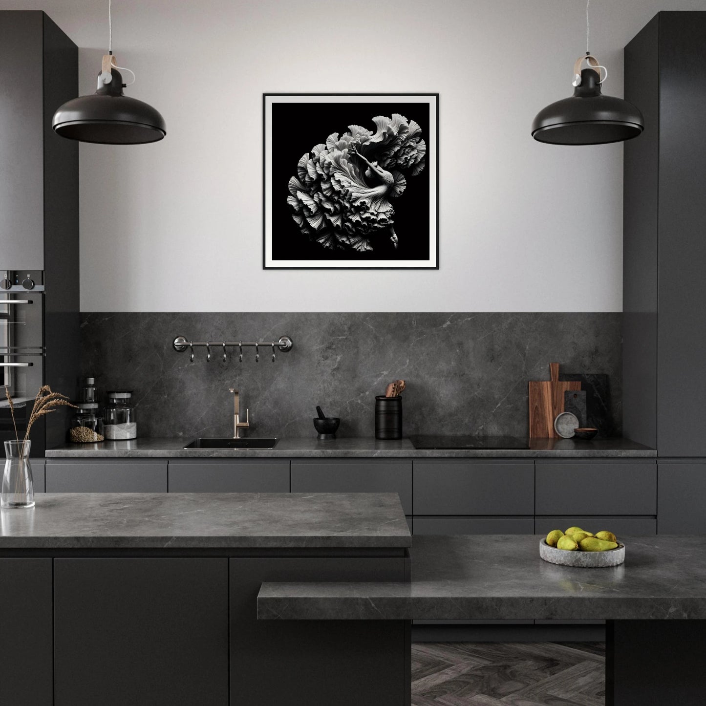 Modern dark kitchen featuring Industrial pendant lights and Alchemy in Motion framed posters