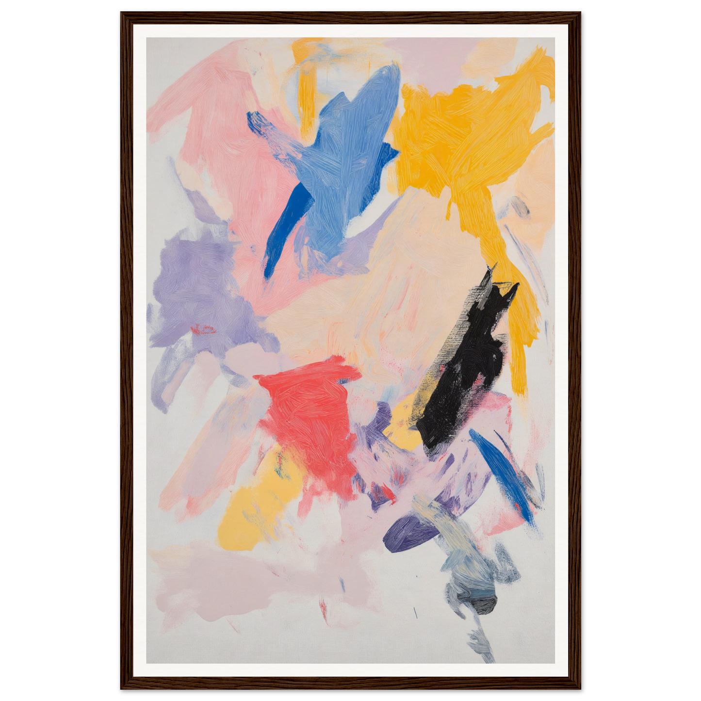 Framed wall art with bold brushstrokes in blue, pink, yellow, and black on a white background.