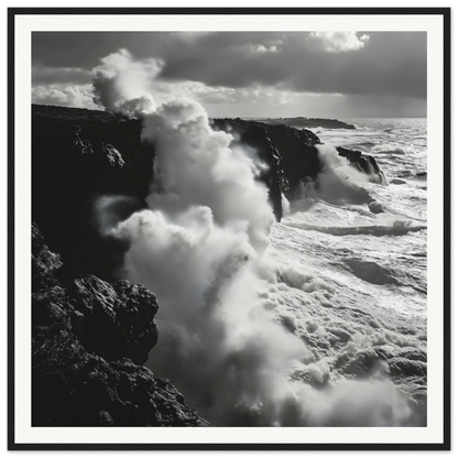 Powerful ocean waves crashing on cliffs in Ocean Roars Symphony framed poster