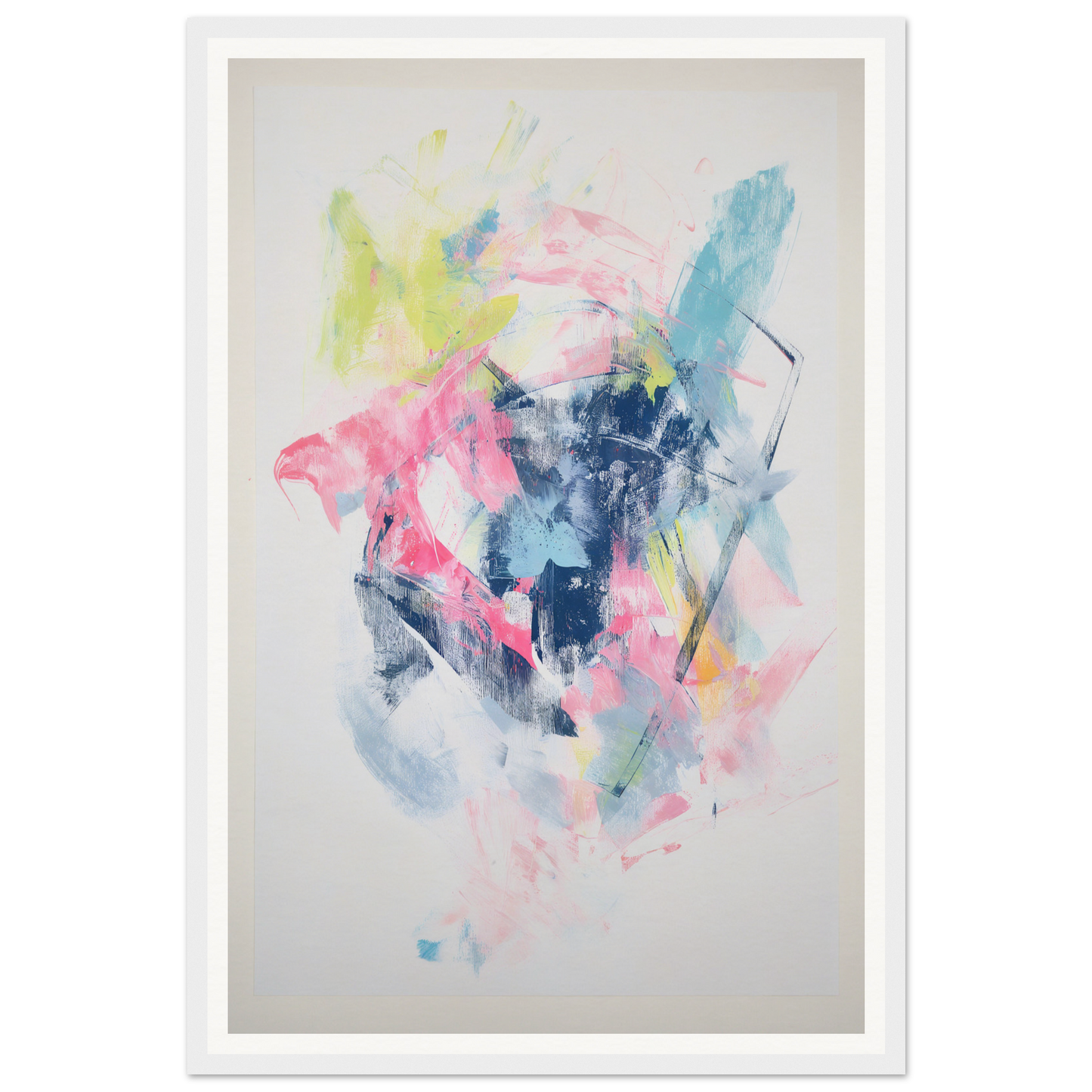 Framed wall art: Abstract with pink, blue, yellow, and green splashes on a light background.