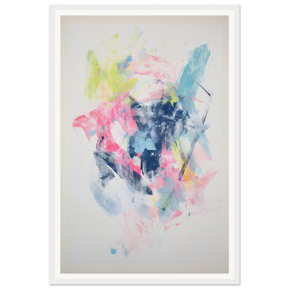 Framed wall art: Abstract with pink, blue, yellow, and green splashes on a light background.