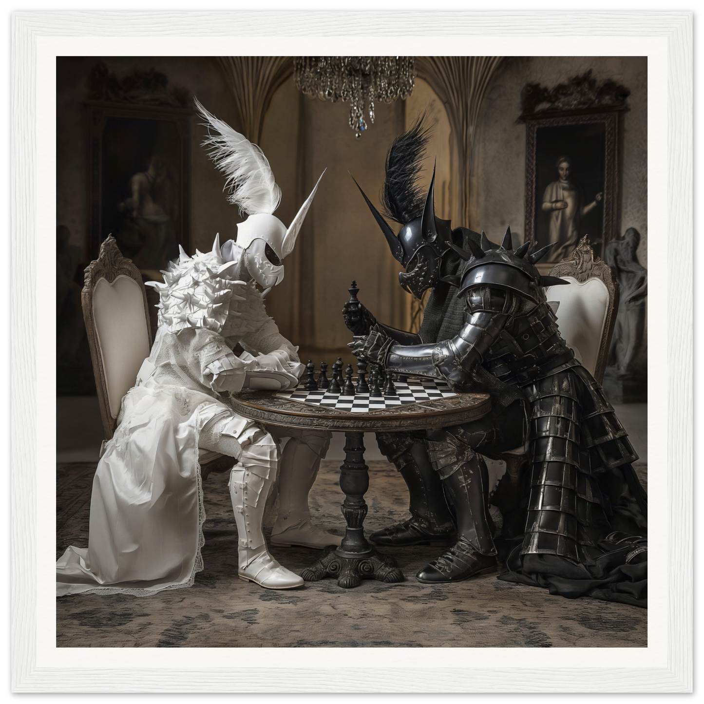 Two armored figures in white and black play chess in Armor’s Silent Gambit art