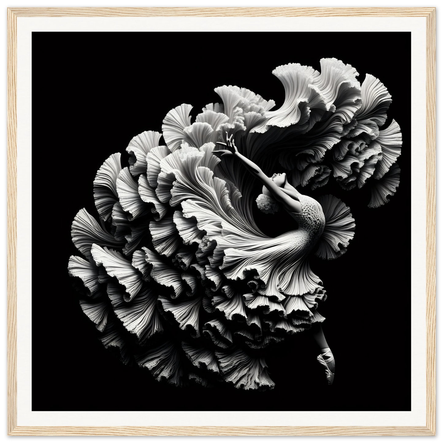 Beautiful black and white ruffled carnation in Alchemy in Motion framed poster special edition art™