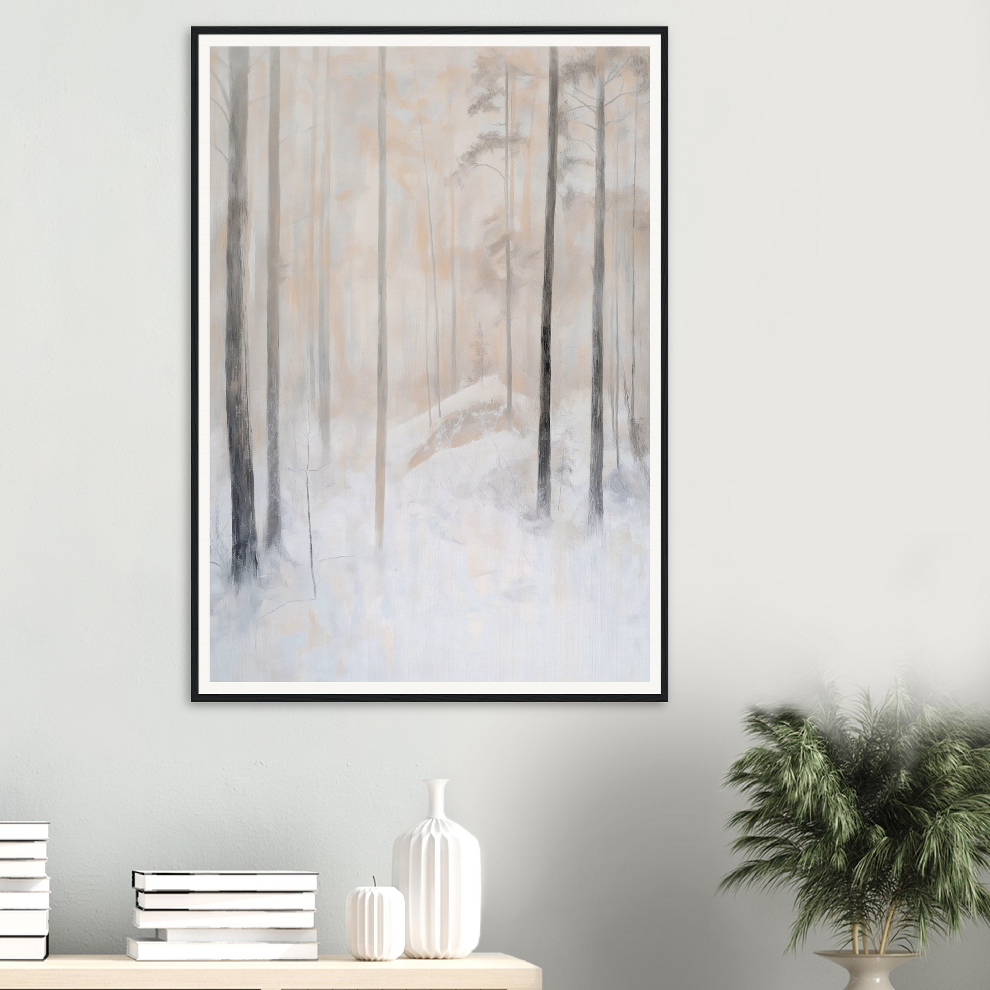 Framed wall art of a snowy forest scene adds elegance to the light gray room decor.