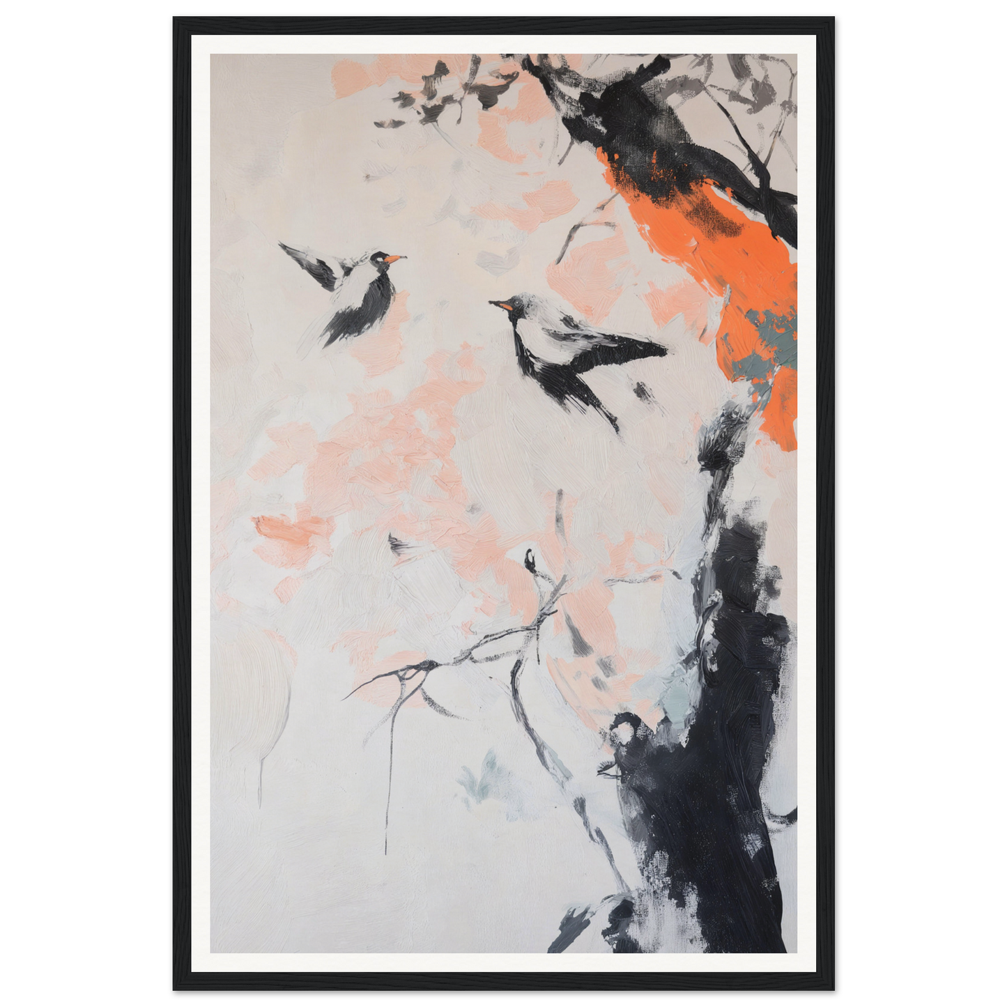 Framed wall art of two birds amid abstract flowers and branches with splashes of orange.