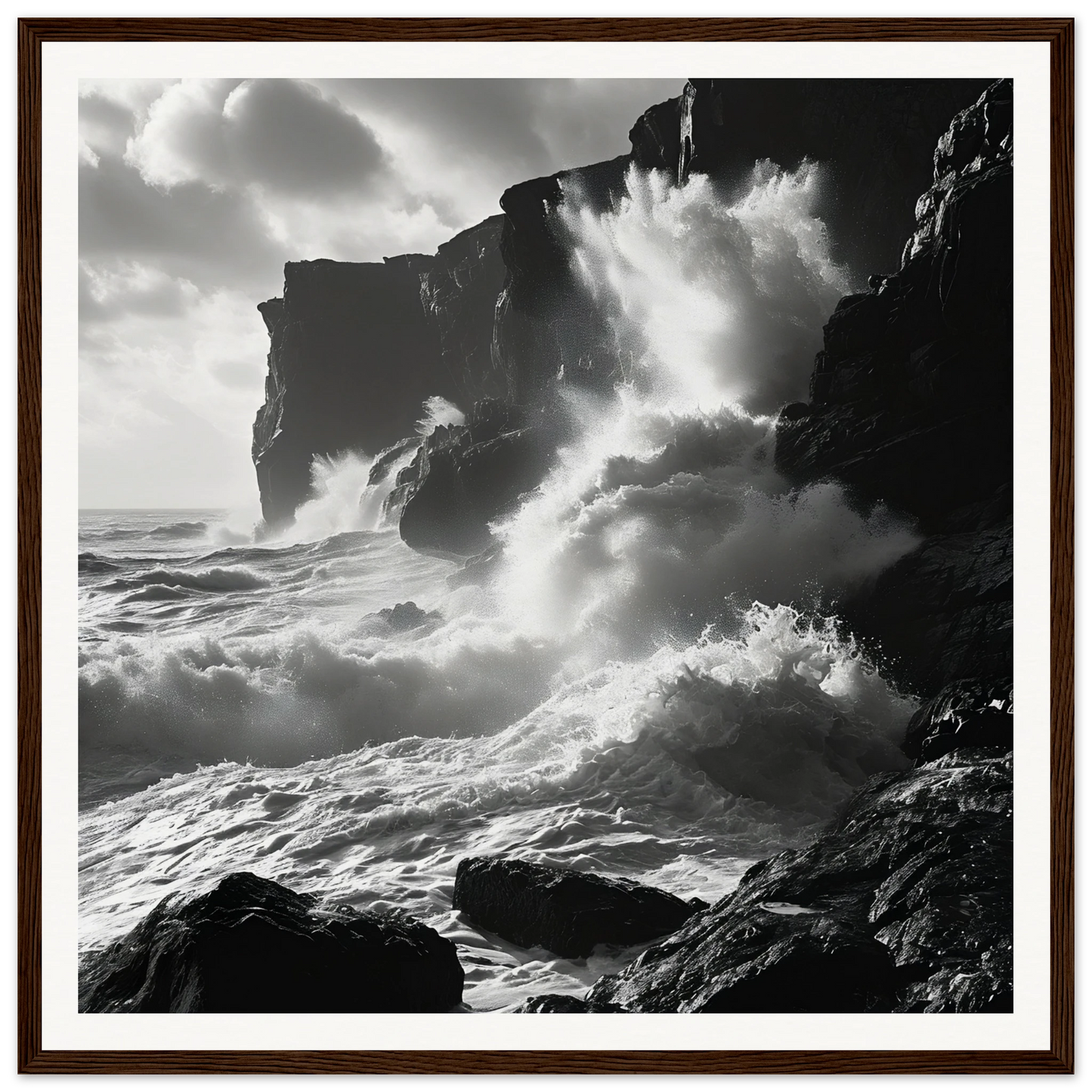 Powerful ocean waves crash against dark cliffs in Ephemeral Stone Symphony art™