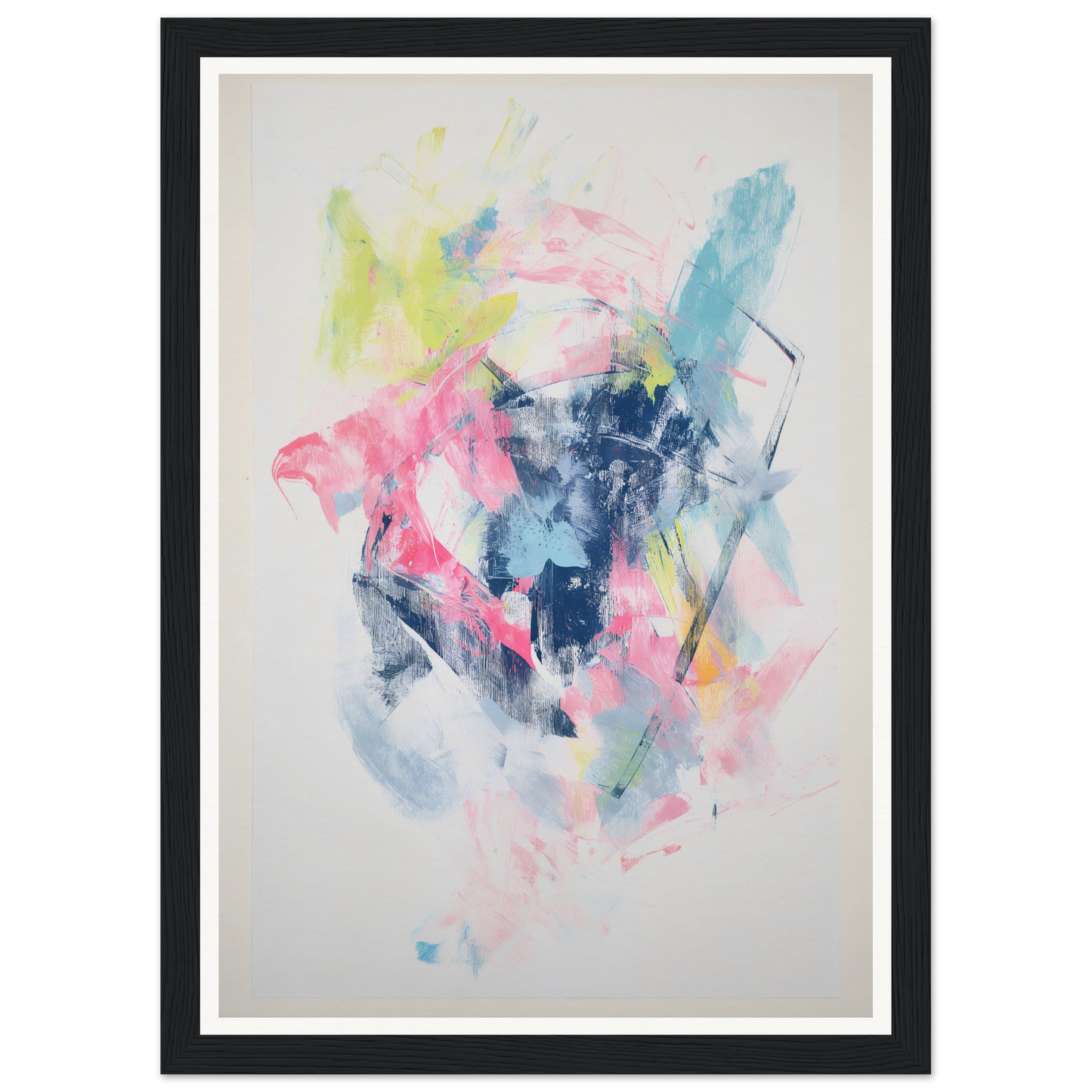 Framed wall art with blue, pink, yellow brushstrokes in a sleek black frame.