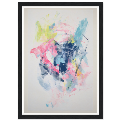 Framed wall art with blue, pink, yellow brushstrokes in a sleek black frame.