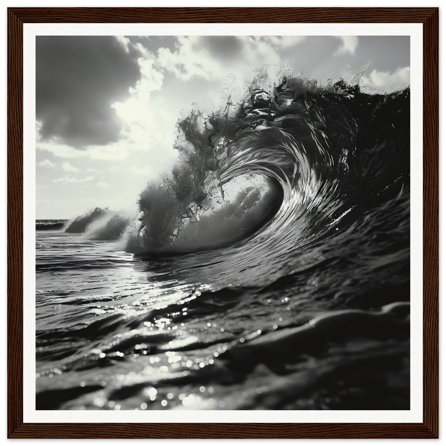 Black and white curling ocean wave art from Eternal Wave Symphony framed posters