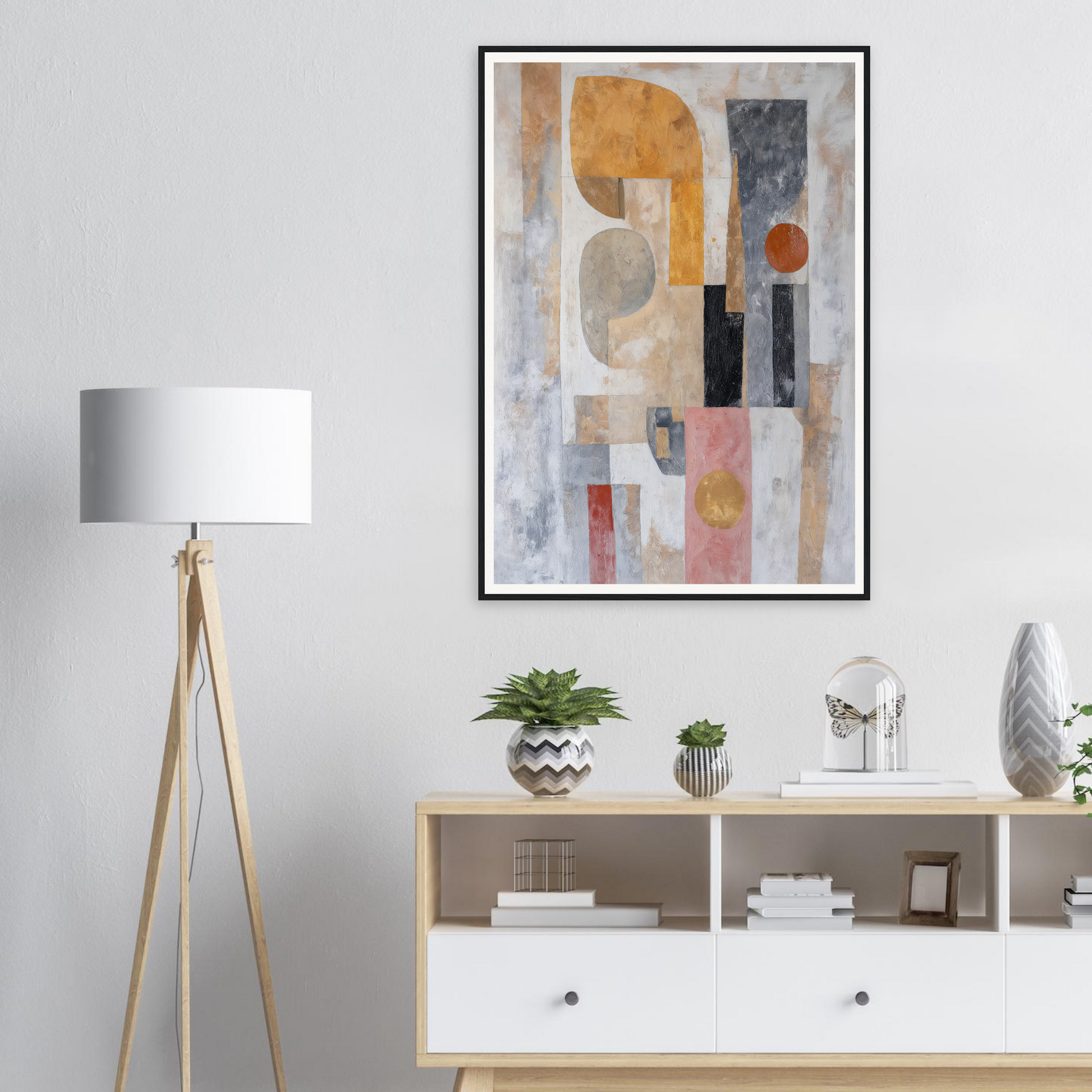 Framed wall art enhances room decor alongside a lamp and shelf filled with plants and decor.