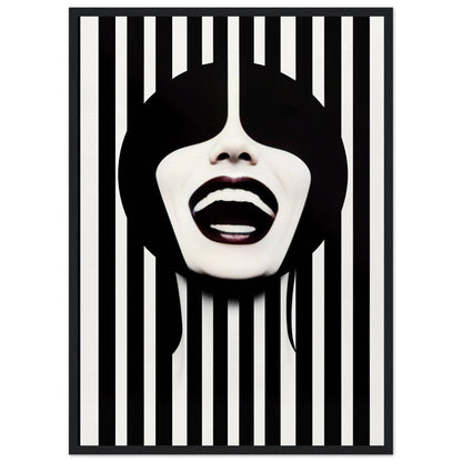 A stylized face with a wide smile against black and white vertical stripes.