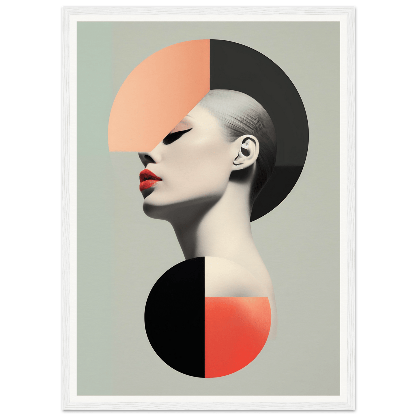 Stylized portrait combining geometric shapes with a human profile, featuring bold red lips against pale skin.