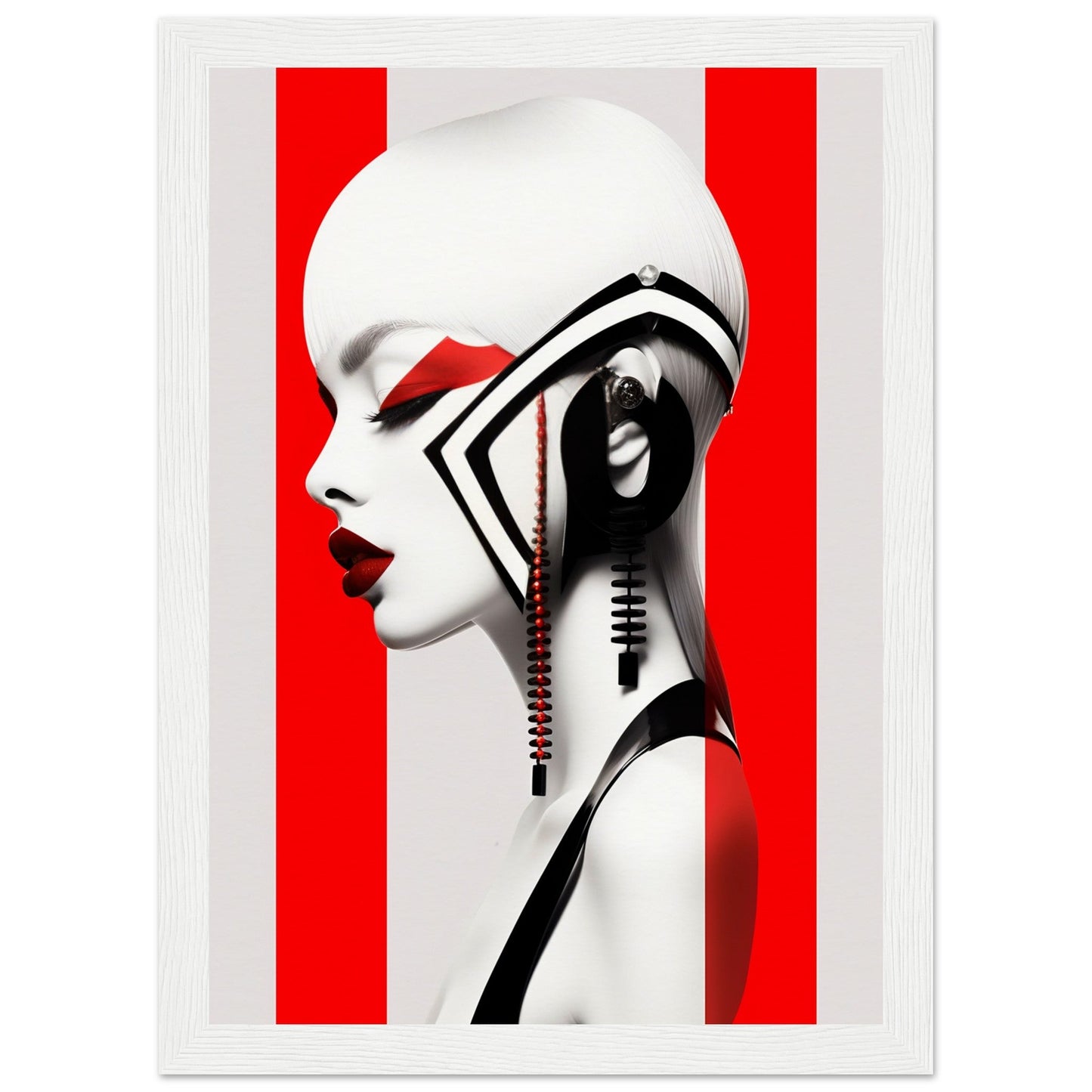 Stylized profile portrait of a figure with dramatic black and white makeup against a red background.