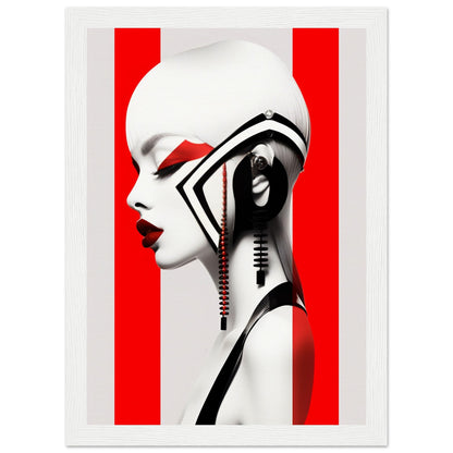 Stylized profile portrait of a figure with dramatic black and white makeup against a red background.