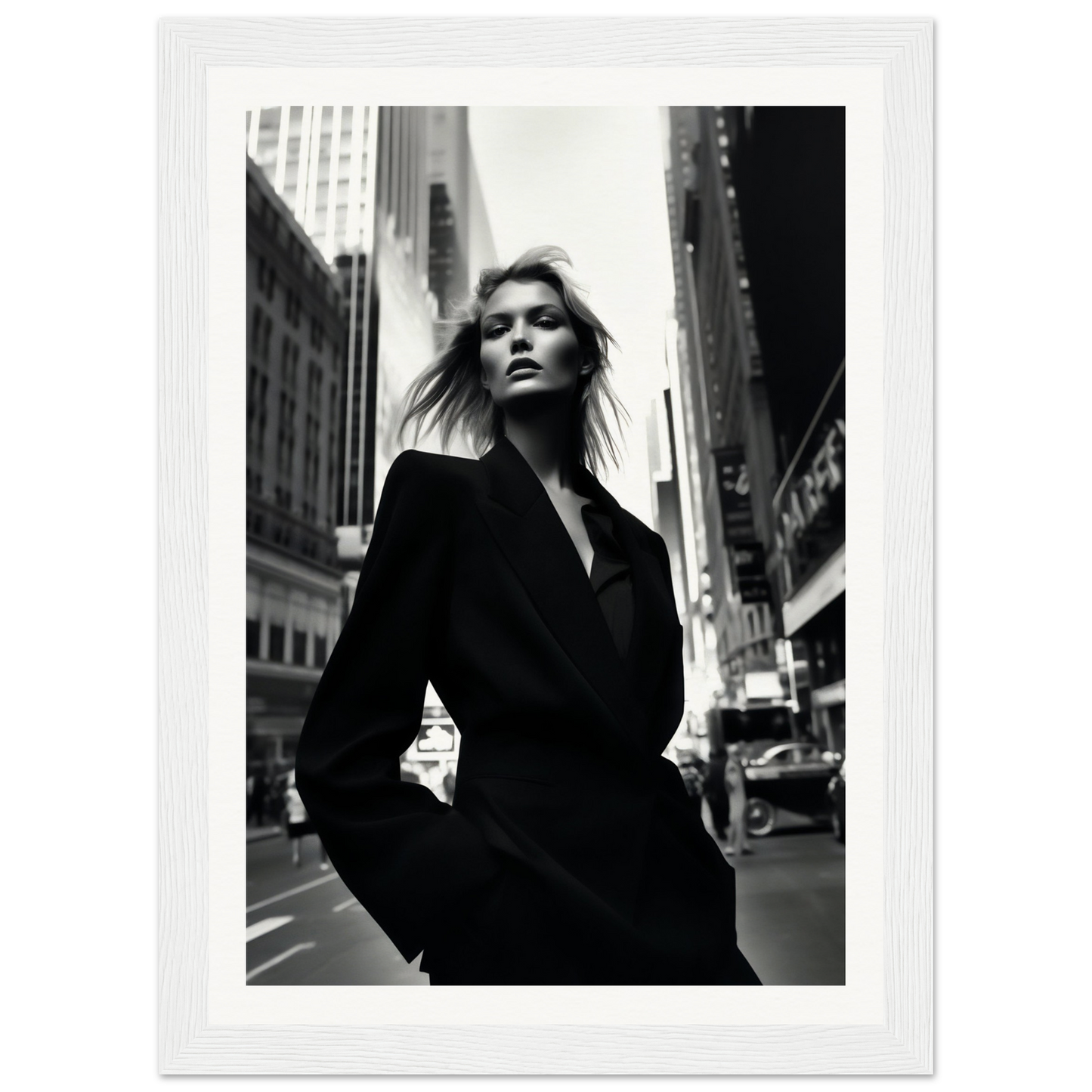 Black and white photograph of a woman in a dark coat on a city street.