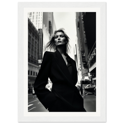 Black and white photograph of a woman in a dark coat on a city street.