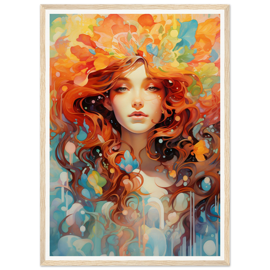 Colorful portrait painting of a young woman with flowing red hair surrounded by abstract floral elements.