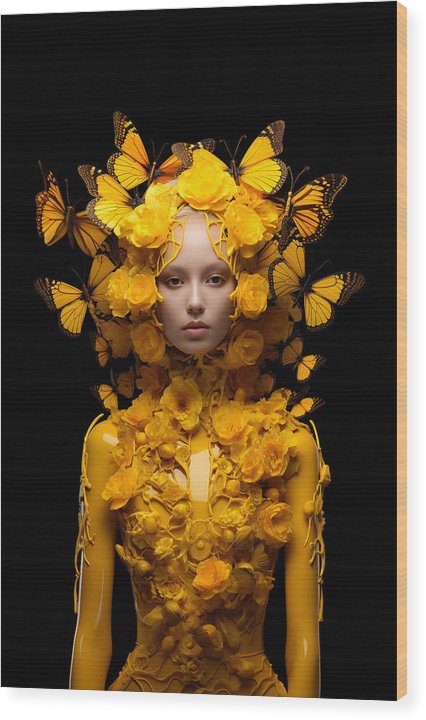 Surreal portrait of a person adorned with vibrant yellow butterflies and floral elements.