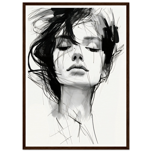 Black and white portrait sketch of a woman with windswept hair and closed eyes.