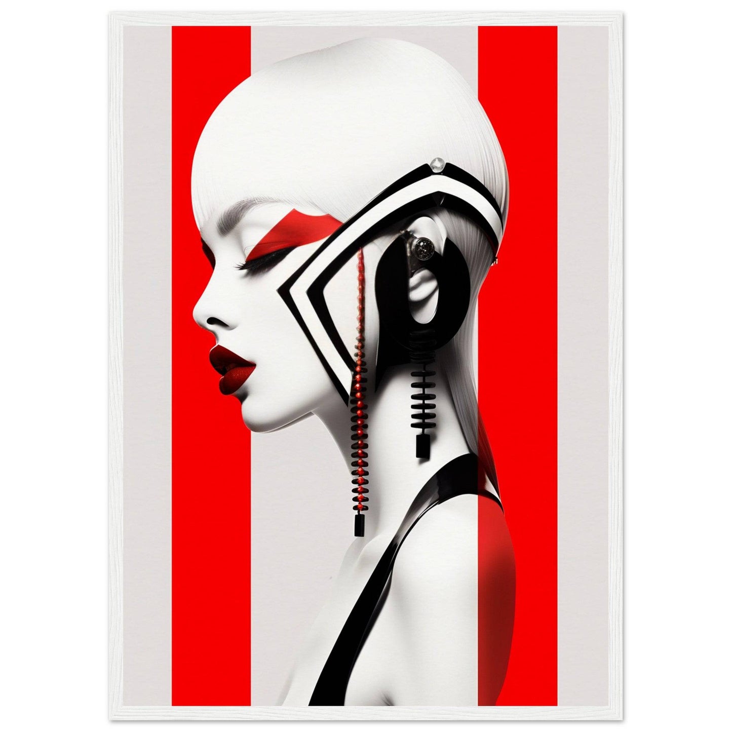 Stylized profile portrait of a woman with dramatic black and white makeup against a red background.