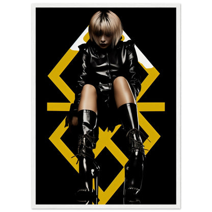 Figure in a black leather outfit and boots posed against a geometric yellow background.