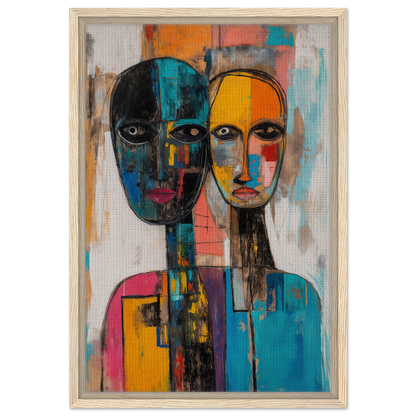 Abstract painting of two stylized faces in vibrant colors for Faces Tangled Kaleidoscope