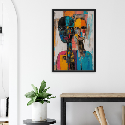 Abstract portrait painting of colorful geometric faces in a black frame, Faces Tangled Kaleidoscope