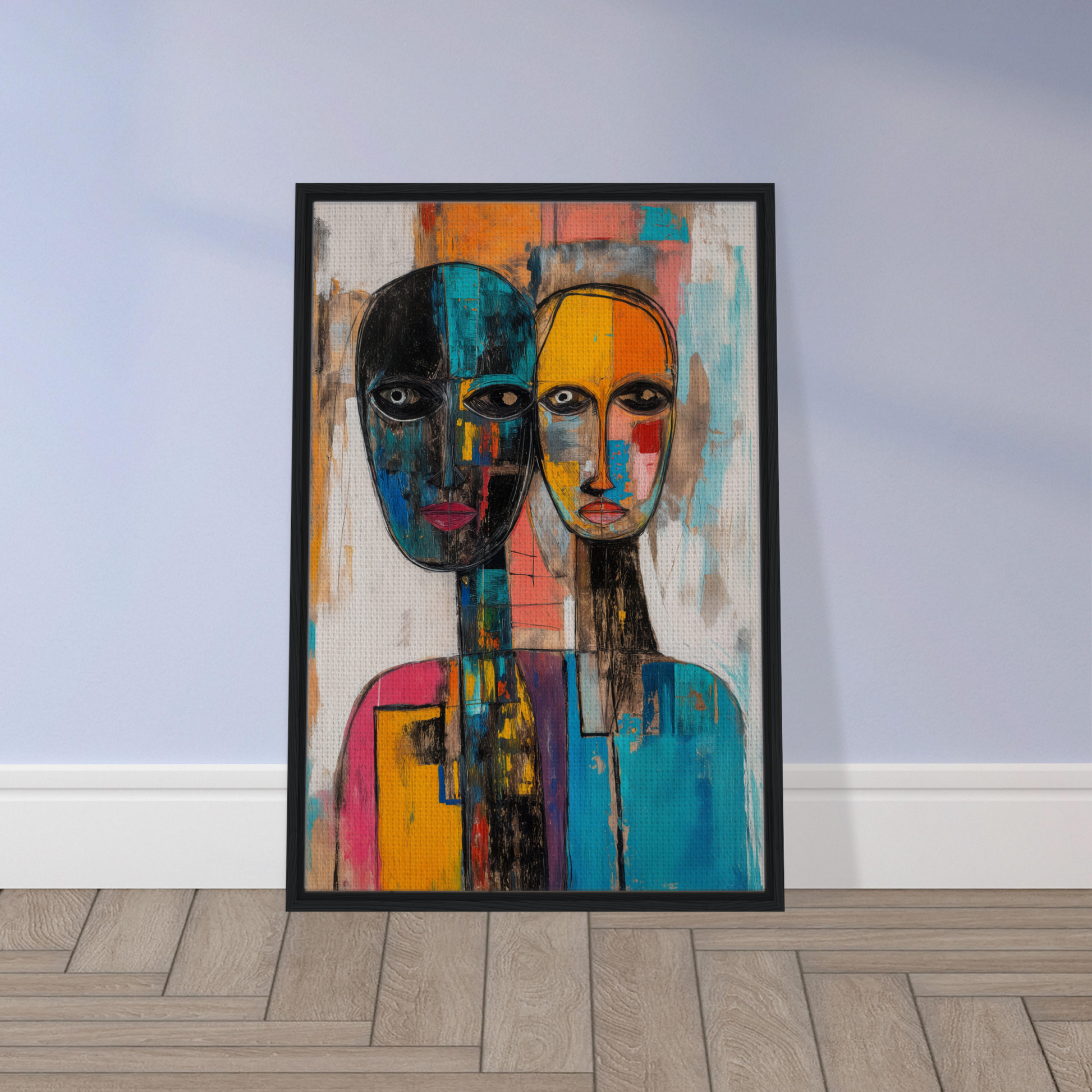 Abstract painting of two vibrant faces tangled kaleidoscope in a framed canvas print