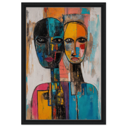 Abstract painting of two stylized faces in colorful geometric shapes for Faces Tangled Kaleidoscope