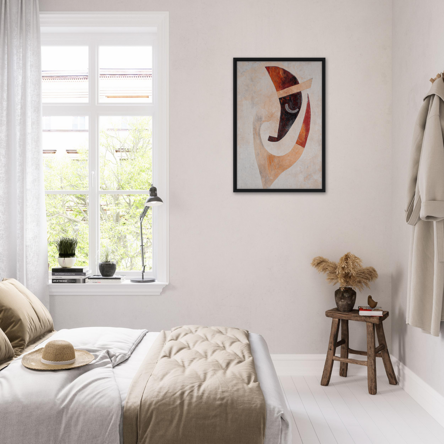 Bright minimalist bedroom featuring a Framed Canvas Print of Facial Kaleidoscope Reverie