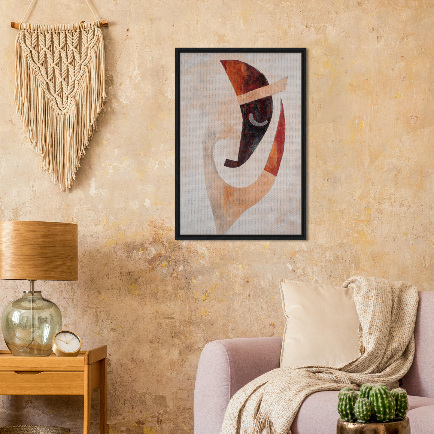 Framed abstract painting in muted red, black, and beige for Facial Kaleidoscope Reverie room decor