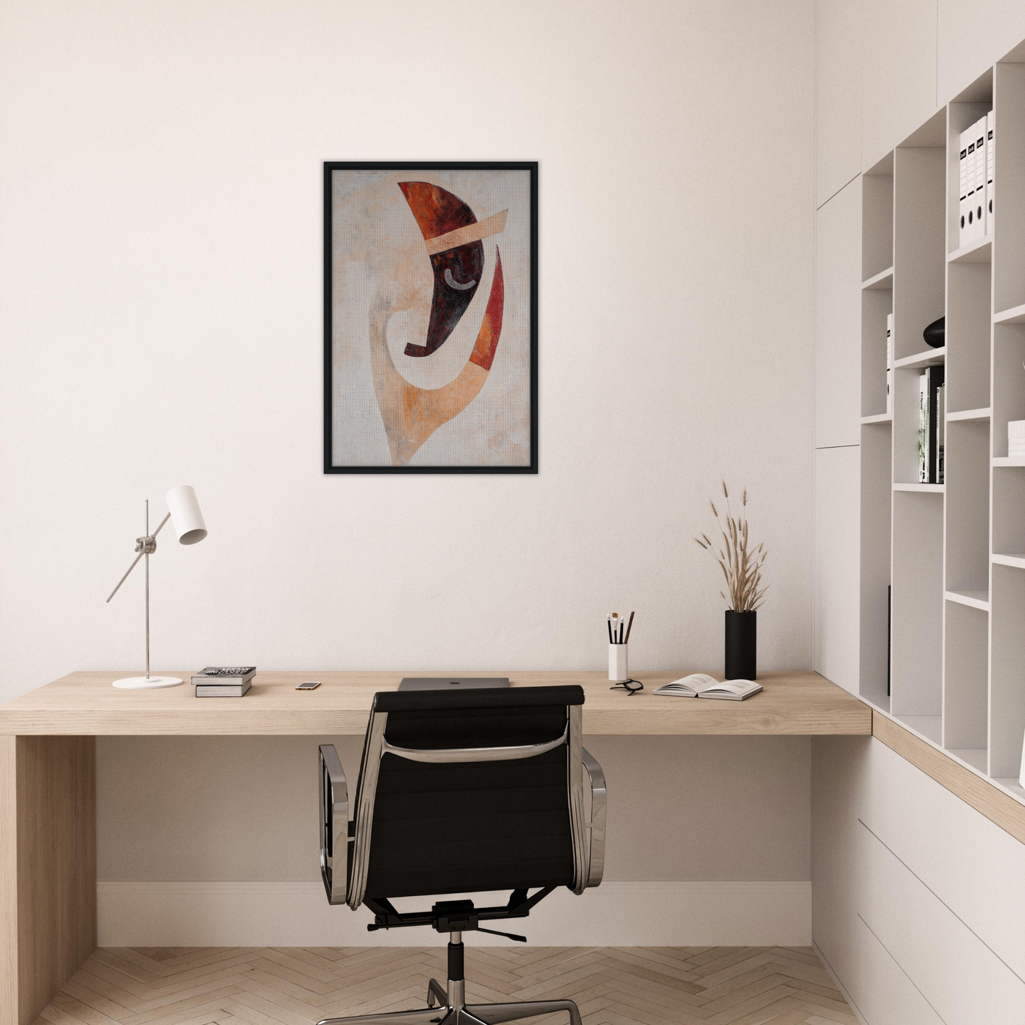 Minimalist home office featuring Facial Kaleidoscope Reverie wall art as room decor