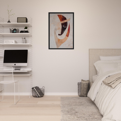 Modern bedroom with minimalist decor showcasing Facial Kaleidoscope Reverie framed canvas print