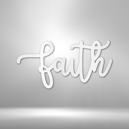 Cursive white text spelling out the word ’faith’ in a stylized, flowing script.