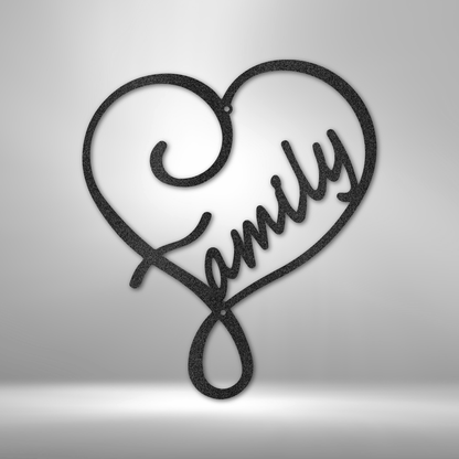 Heart-shaped calligraphy design spelling out ’Family’ in cursive script.