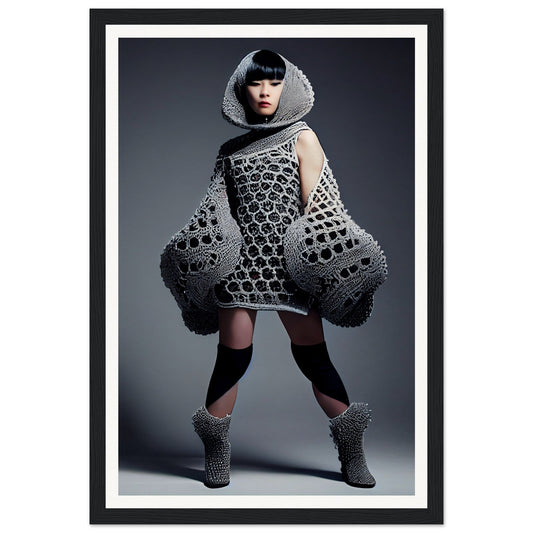 Avant-garde fashion garment with honeycomb-like structure and exaggerated silhouette.