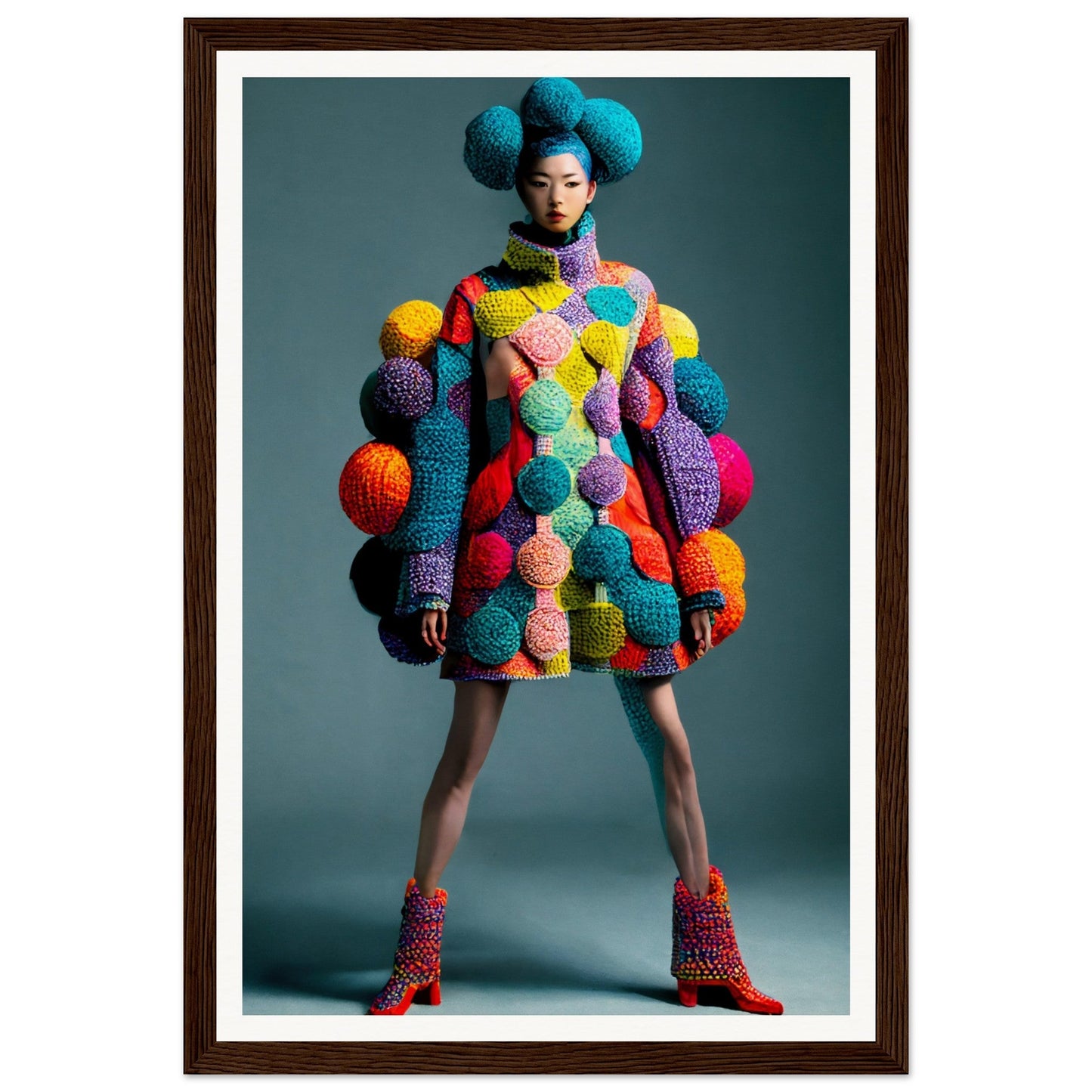 Colorful knitted dress adorned with numerous vibrant pom-poms of various sizes.