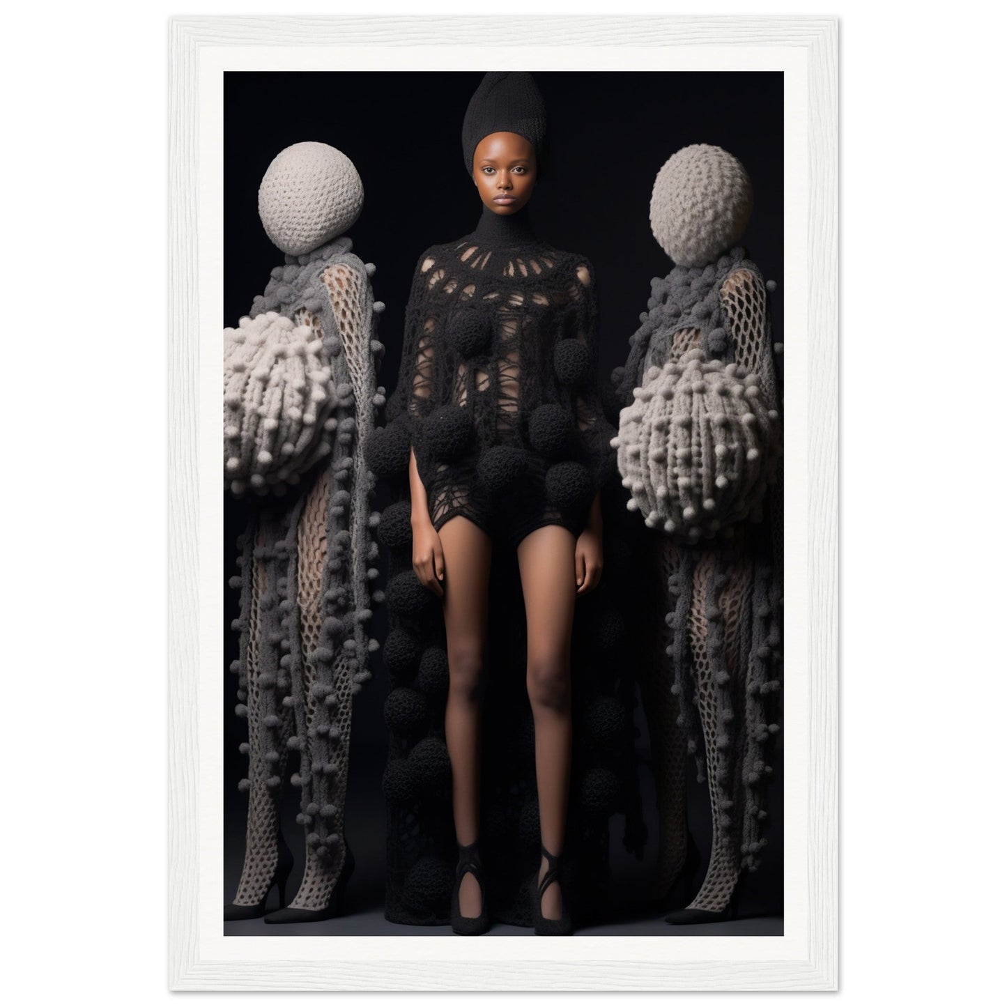 A person wearing a black outfit standing between two textured, sculptural figures.